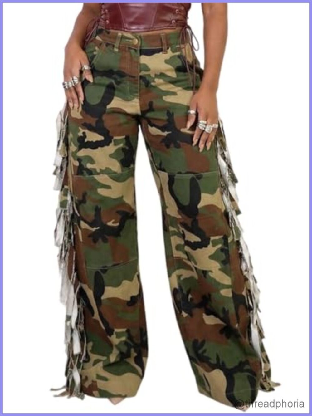 High Waisted Wide Leg Fringe Camo Patchwork Y2K Pants